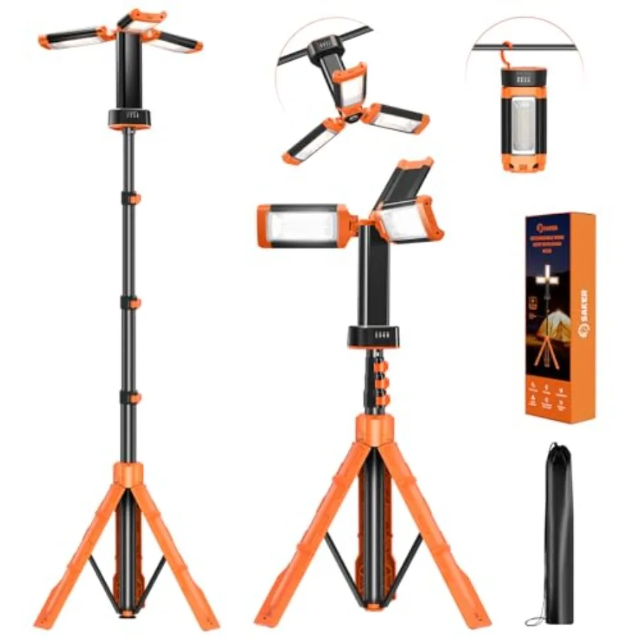 Portable Camping Light with Stand 73inch, Aluminum Alloy, Black, 20000mAh Rechargeable Battery, 3200 Lumen, 4000/6500K Dual-Col