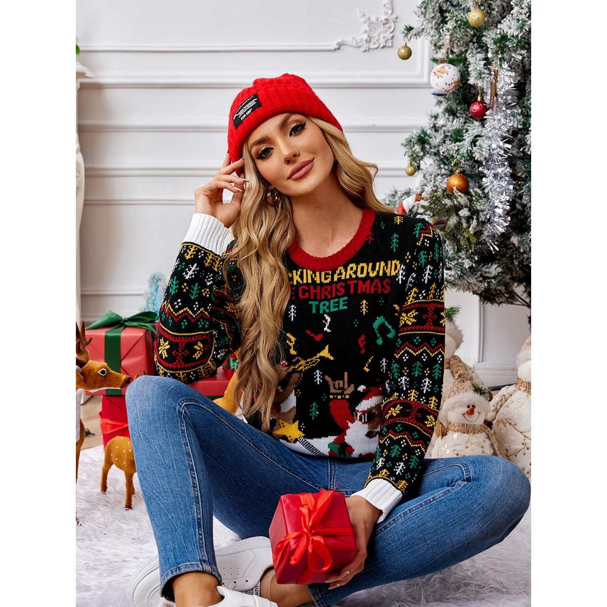 Christmas Knitted Sweater Deer Embroidery Santa Claus Design Thickened Long Sleeve round Neck Pullover for Unisex Autumn Winter
