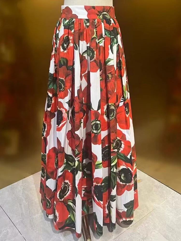 Seasixiang Fashion Designer Spring Summer Elegant Party Skirt Women High Waiste Floral Print 100% Cotton Slit Long Skirt