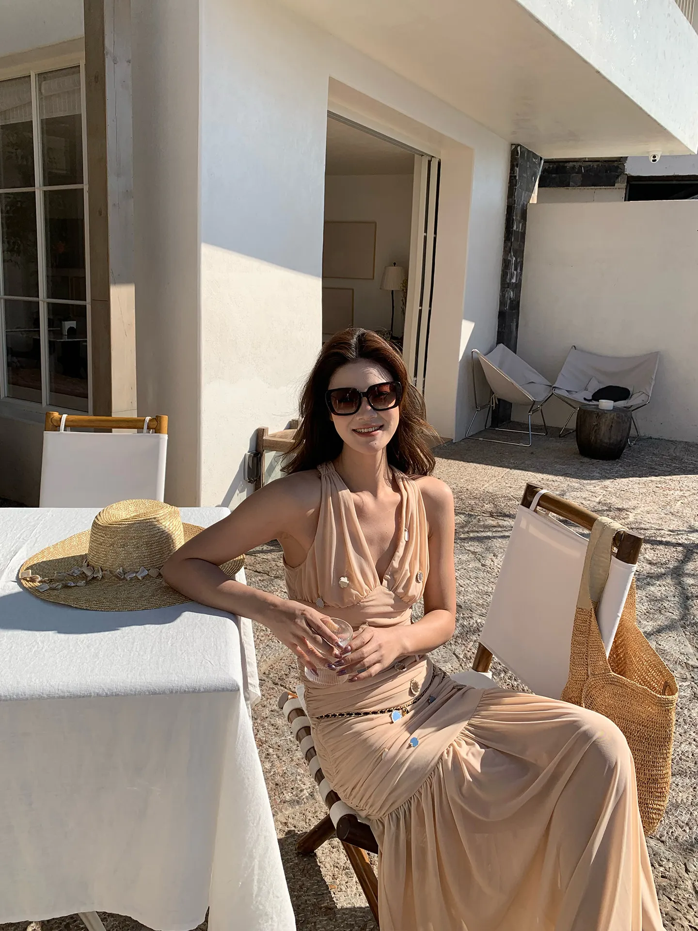【MAR】French Romantic Vacation Women 2 Piece Set Handmade Sequin Sleeveless Top Midi Skirt