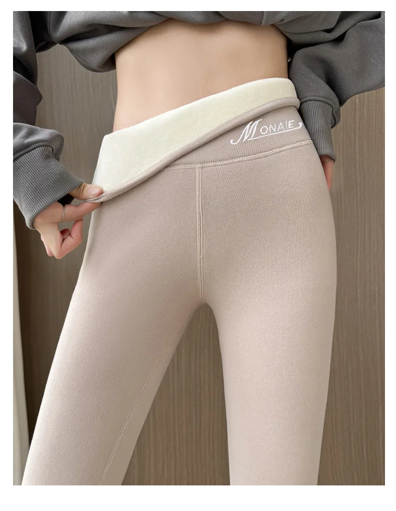 Winter-Kaschmir-Leggings für Damen, solide warme Leggings, hohe Taille, schlanke, dehnbare Hose, große Größe, Hinzufügen von Samt und Verdickungshosen – Detail 19