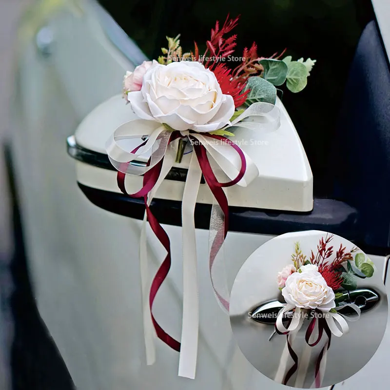 4 STKS Kunstbloem Decoratie Outdoor Auto Spiegel Deur Romantische Bloemen Bruiloft Decor Lint Nep Bloem Decoratie Benodigdheden