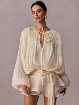 Beige Top Solid Blouse Mini Dresses For Women V Neck Long Sleeve Spliced Lace Up Sweet Style Dress Female Clothing Fashion P7WI 5 Beige Top Solid Blouse Mini Dresses For Women V Neck Long Sleeve Spliced Lace Up Sweet Style Dress Female Clothing Fashion P7WI 5