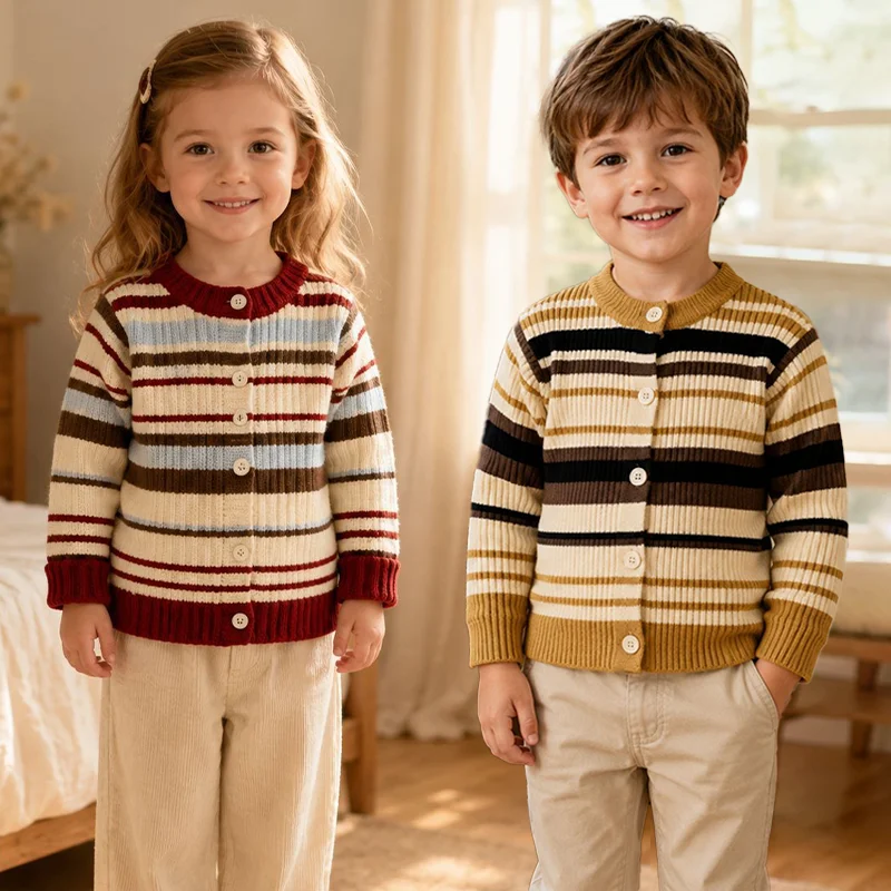 Autumn Winter Kids Fashion Color Blocking Striped Sweater 2-6 Years Boys Girls Crew Neck Knitted Cardigan Casual Long Sleeve Top