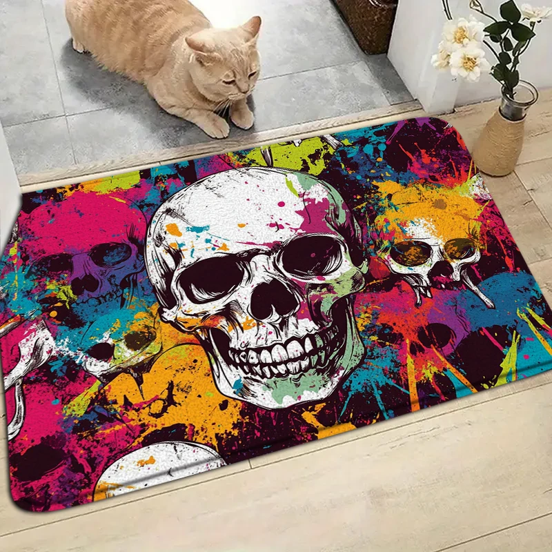 

Halloween Doormat Bath Mat Horrible skull flower skeleton Carpet Home Living Room Soft Rug Bathroom Kitchen Anti-Slip Floor Mat