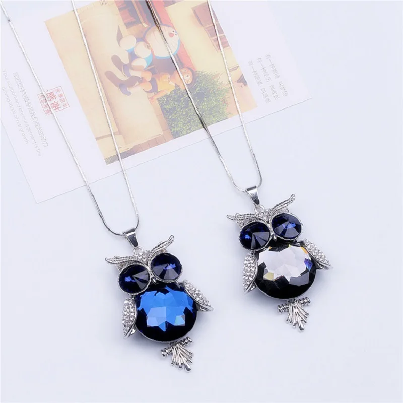 Vivid Owl Pendant Long Necklace For Women Blue Grey Color Sweater Chain Jewelry Accessory