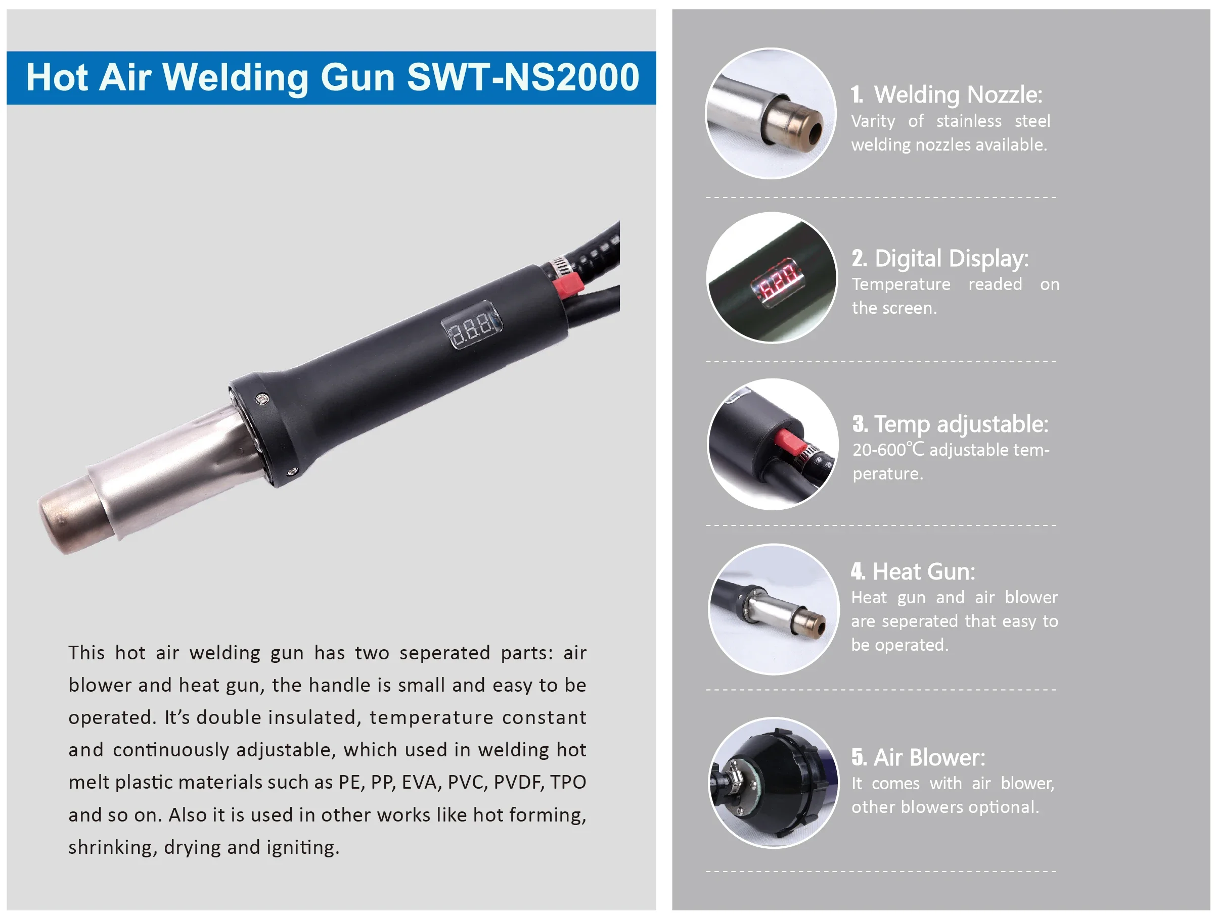 MM-Tech SWT-NS2000 Portable stationary welding gun for PVC/PP/PE plastic welding torch