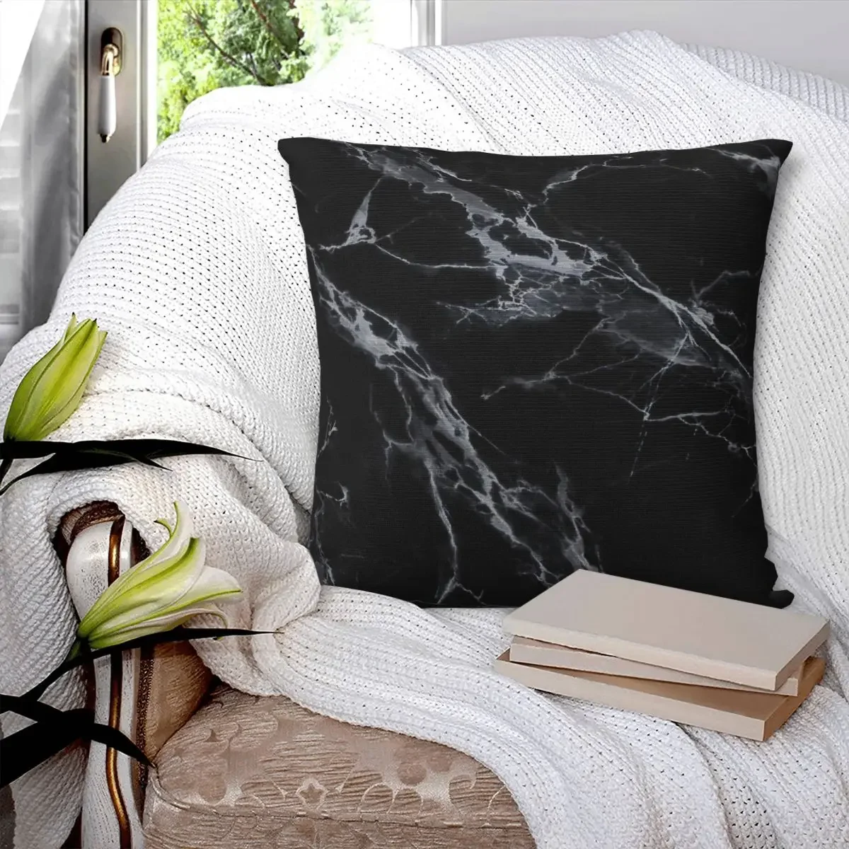 Taie d'Oreiller Carrée en Marbre Noir et Blanc, Juste en Polyester, Décor de Coussin Confortable pour la Maison et la Chambre