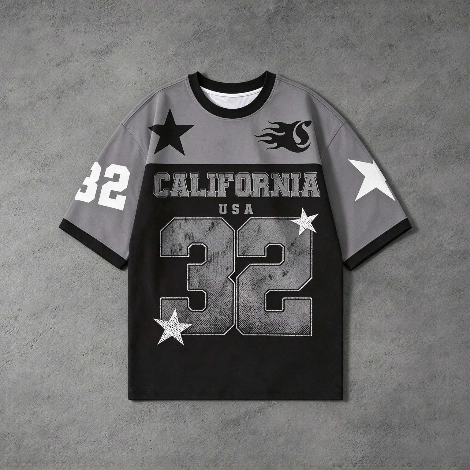 Streetwear Color Block Crew Neck Men T-shirt, USA California 32 Number Star Flame Print, Casual Short Sleeve Tops, Multi Colors