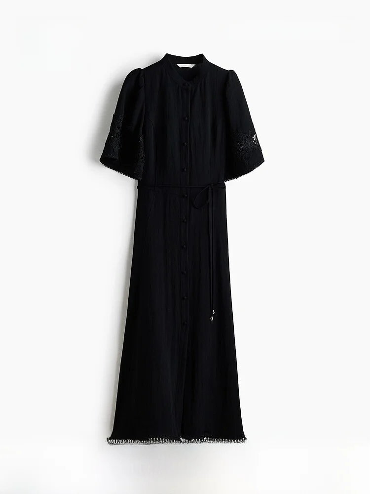 

H&M Women's Dress Summer New Pleated Hollow Embroidery Waist Cinched Dress Casual Style Viscose Nylon Fabric Flared Skirt