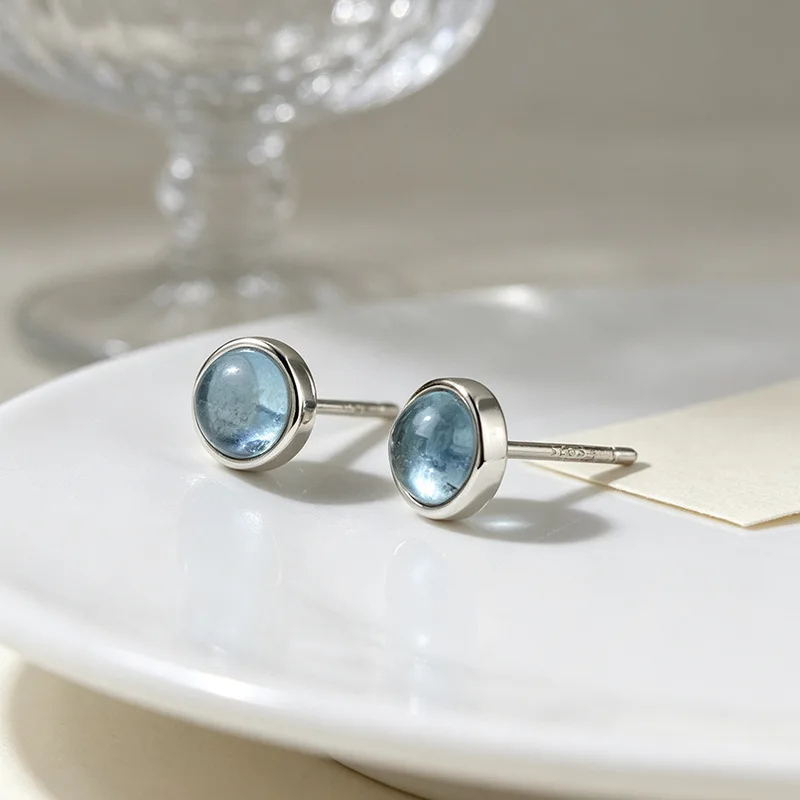 WJFH-ARTS Blue Crystal Inlay Round Ear Stud Piercing Earrings For Women Girl Minimalist Style Daily Wear Fine Jewelry Party Gift