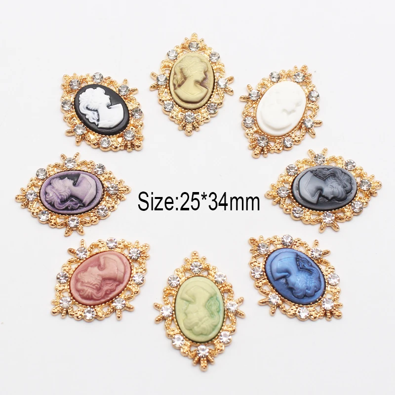 25*34mm 10Pcs Oval Palace Retro Style Princess Head Decorative Buckle Diy Alloy Rhinestone Hair Clip Clothing Jewelry Accessorie