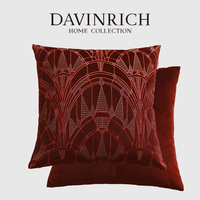 

DAVINRICH Gothic Pillow Cover Geometry Embroidery Vintage Burgundy Victorian Motifs Decorative Square Accent Cushion Case 50x50