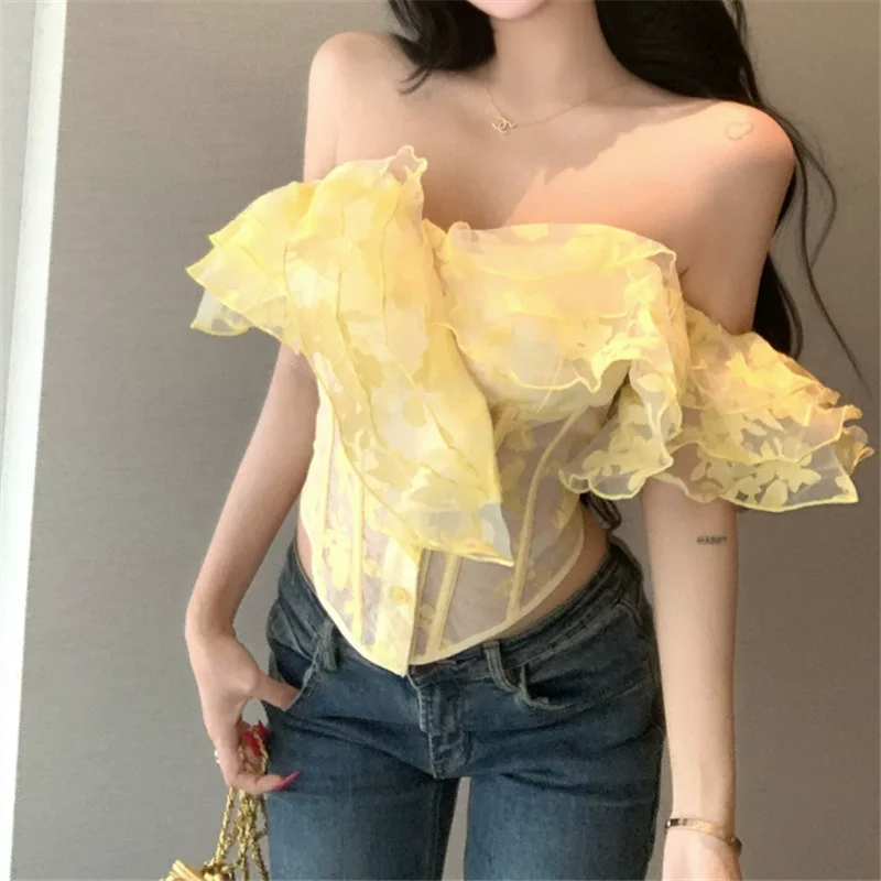 French Summer Ruffle Slash Neck Short Shirt Strapless Off Shoulder Short Sleeve Fish Bone Corset Blouse Stunning Yellow Slim Top