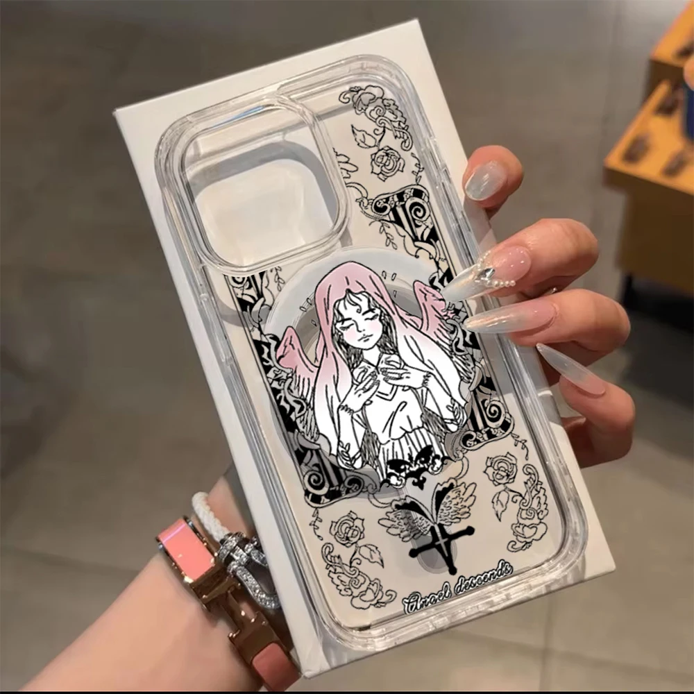 

Mysterious Angel Transparent Clear Soft Magnetic Phone Case For iPhone 17 Air 14 15 16 17 Plus Pro 12 13 17 Pro Max Funda Case