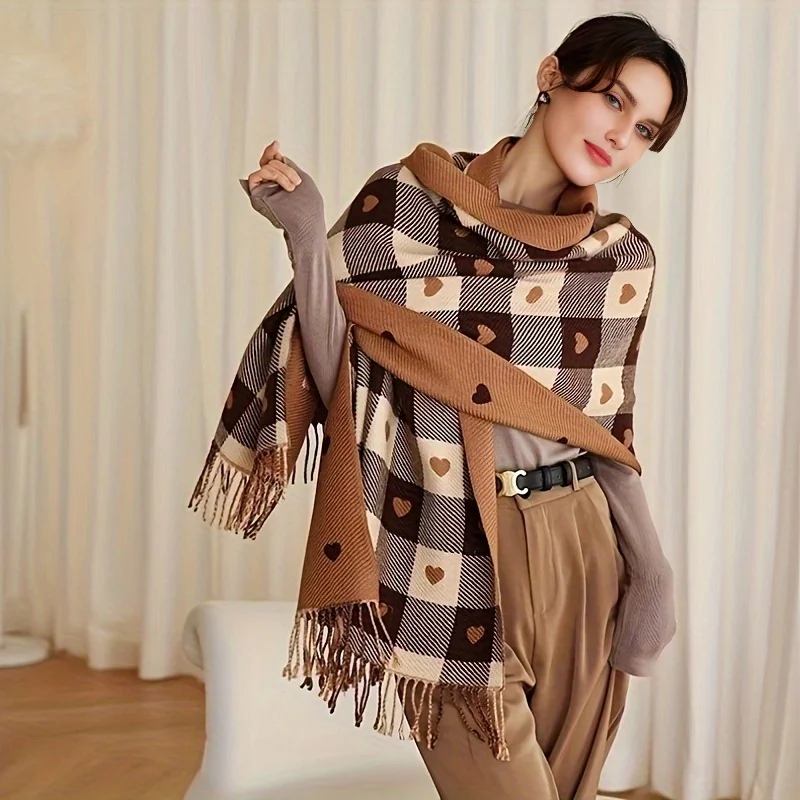 Winter Dicke Warme Schal Frauen Herz-Muster Kaschmir Schal Wraps Weiche Plaid Gedruckt Pashmina Halstuch Lange Quaste Schals