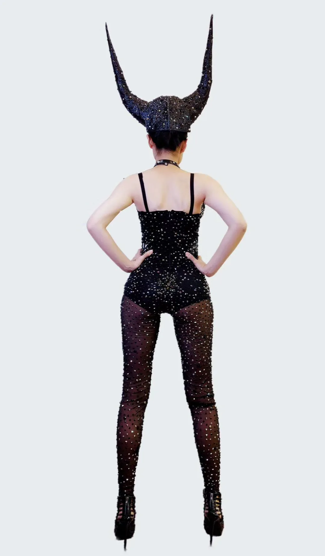 Elastic Black Mesh Perspective Bodysuits Horns Decoration Women Shining Diamonds Jumpsuits Nightclub Bar Prom Party Costume