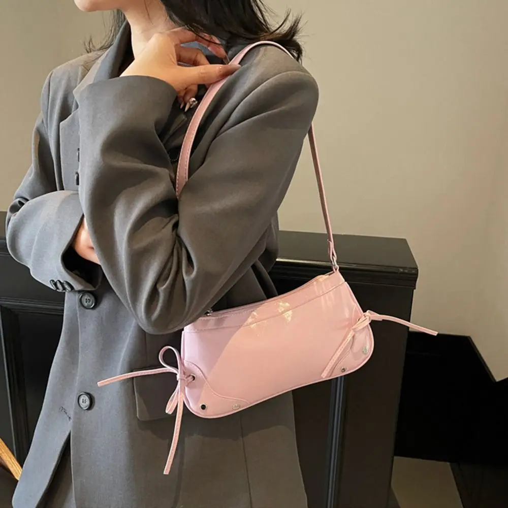 

Cute Solid Color Shoulder Bag Designer Bow Tie Armpit Bag Y2K PU Leather Women Handbag Girls