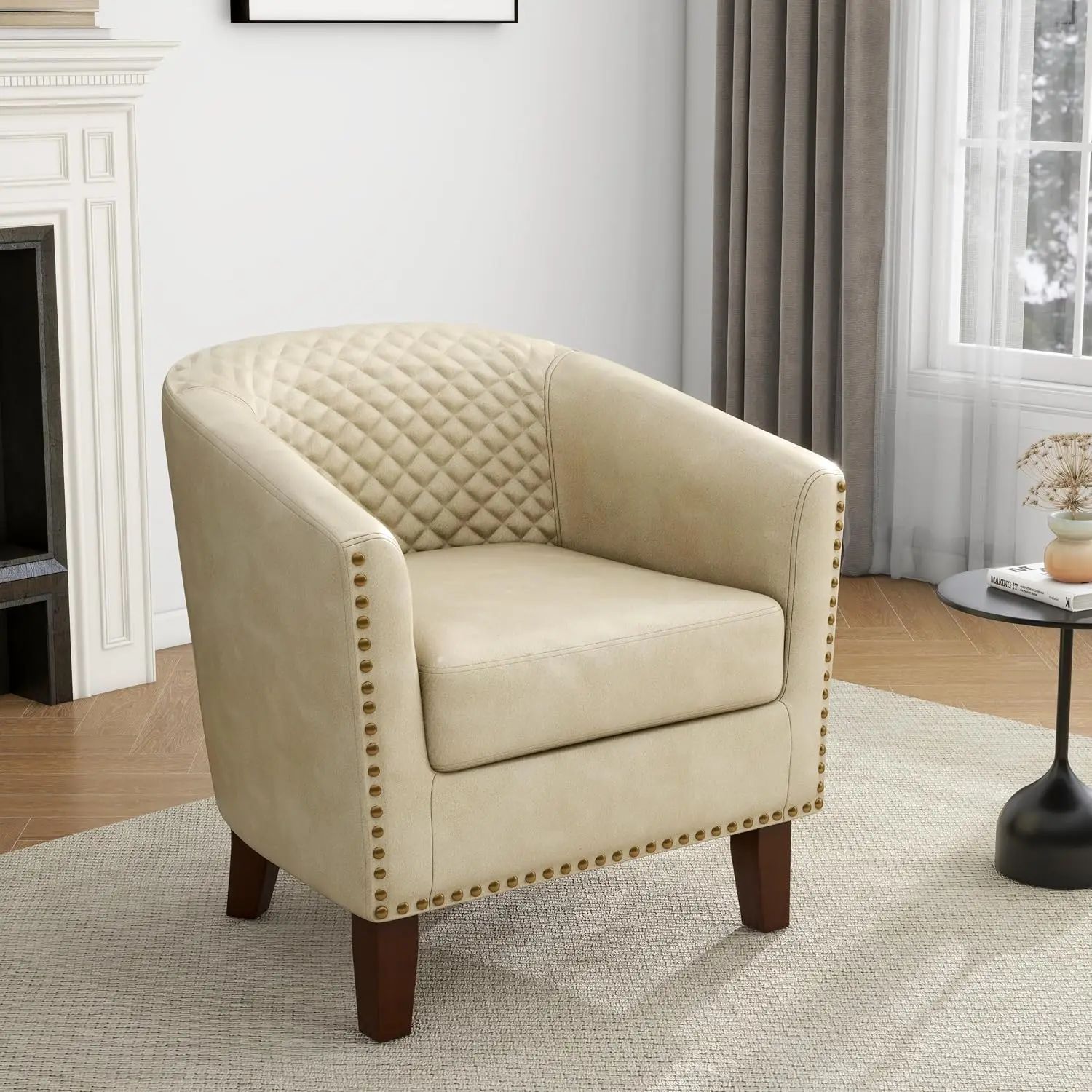 Faux Leather Barrel Accent Chair Modern Beige Living Room Bedroom, Customized