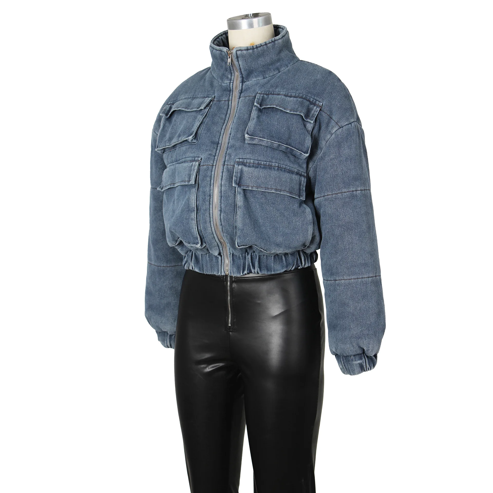 Women Jacket Winter Fashion Multi-Pocket Long Sleeve Puffer Denim Jackets Autumn Casual Thicken Crop Bubble Jeans Jacket Coat