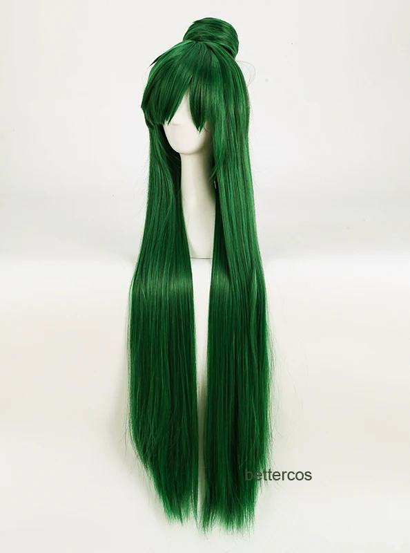Sailor Pluto Meiou Setsuna Cosplay Wig Long Green With Detachable Bun Heat Resistant Synthetic Hair Wigs + Wig Cap