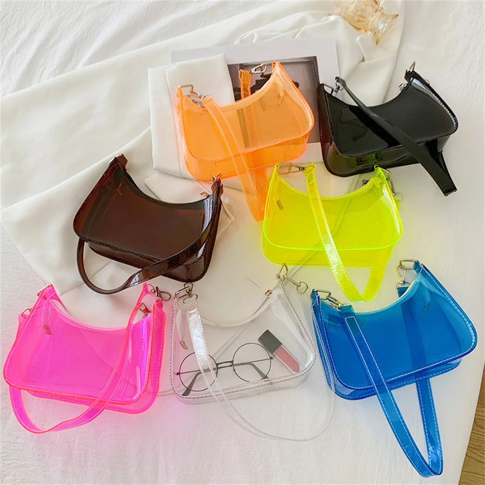 

Vintage Ladies Jelly Solid Color Clear Underarm Bag Fashion Casual Women Handbag Purse Female Outdor Shoulder Bag Cell Phone Bag