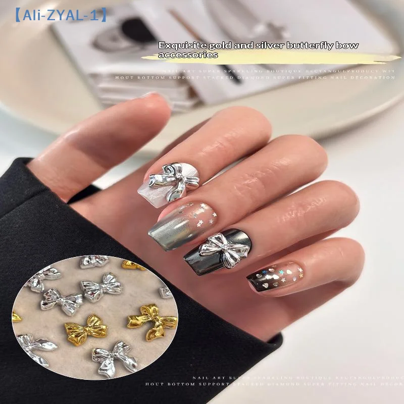 50pcs Gold Silver Brief French Bow Tie Bowknots Ribbon Resin Nail Art Rhinestones Decorations Manicure Imitation Metal 【ZYAL-1】