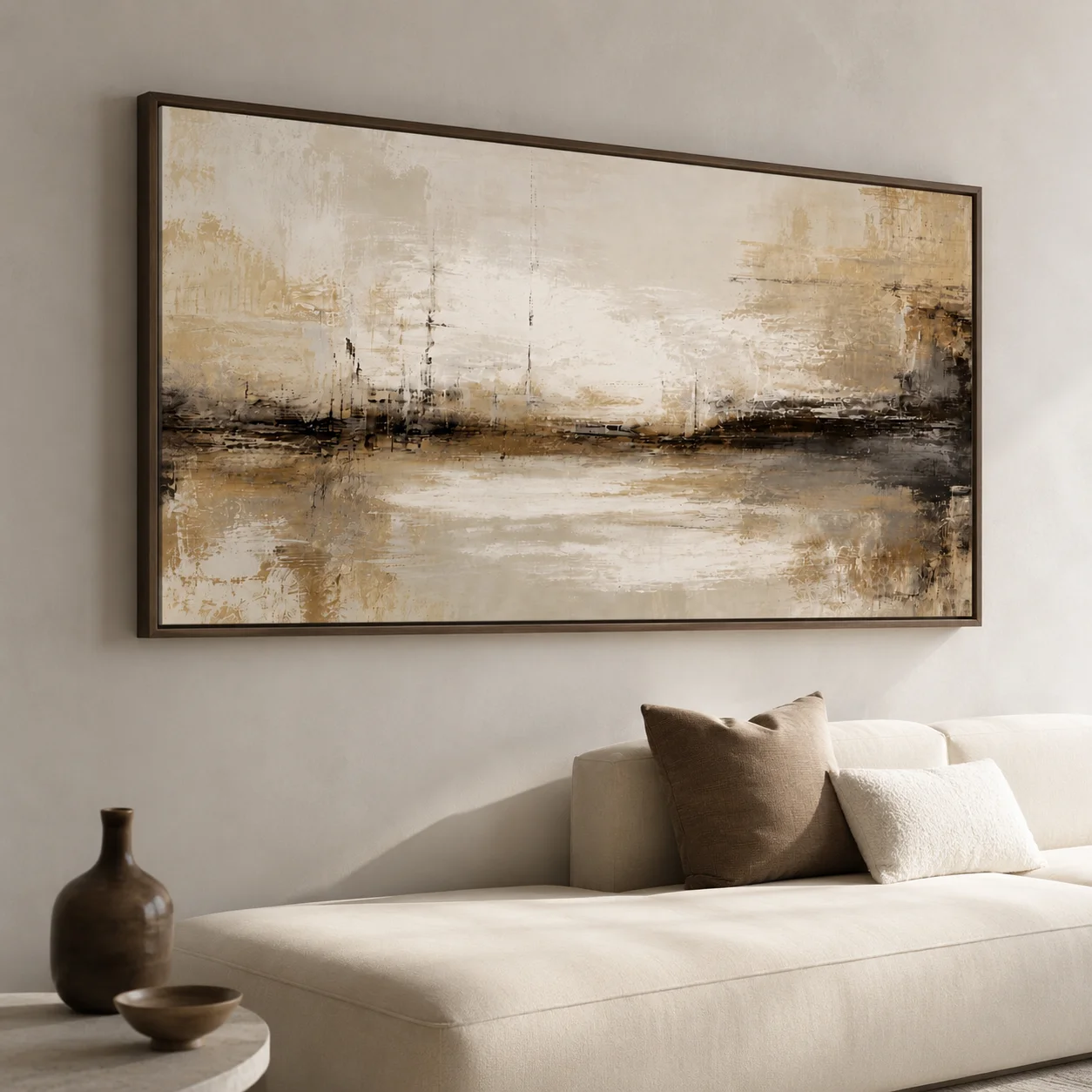Abstract Harbor Canvas Wall Art, Earth Tone Vintage Sailboat Landscape Painting, Textured Wabi‑Sabi Living Room Decor Print