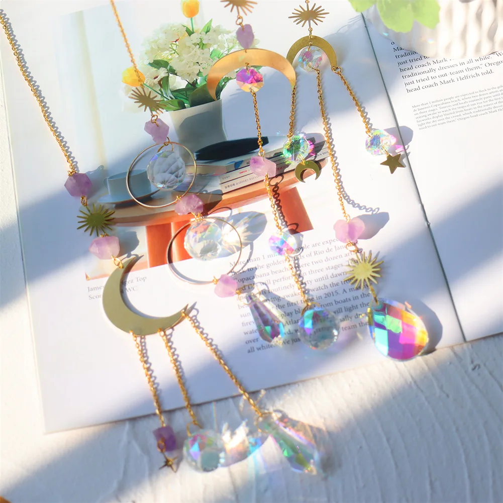 Natürliche Kristall Windspiele Sterne Mond Prismen Licht Catcher Hängen Ornament Fenster Vorhänge Anhänger Hause Garten Dekorationen