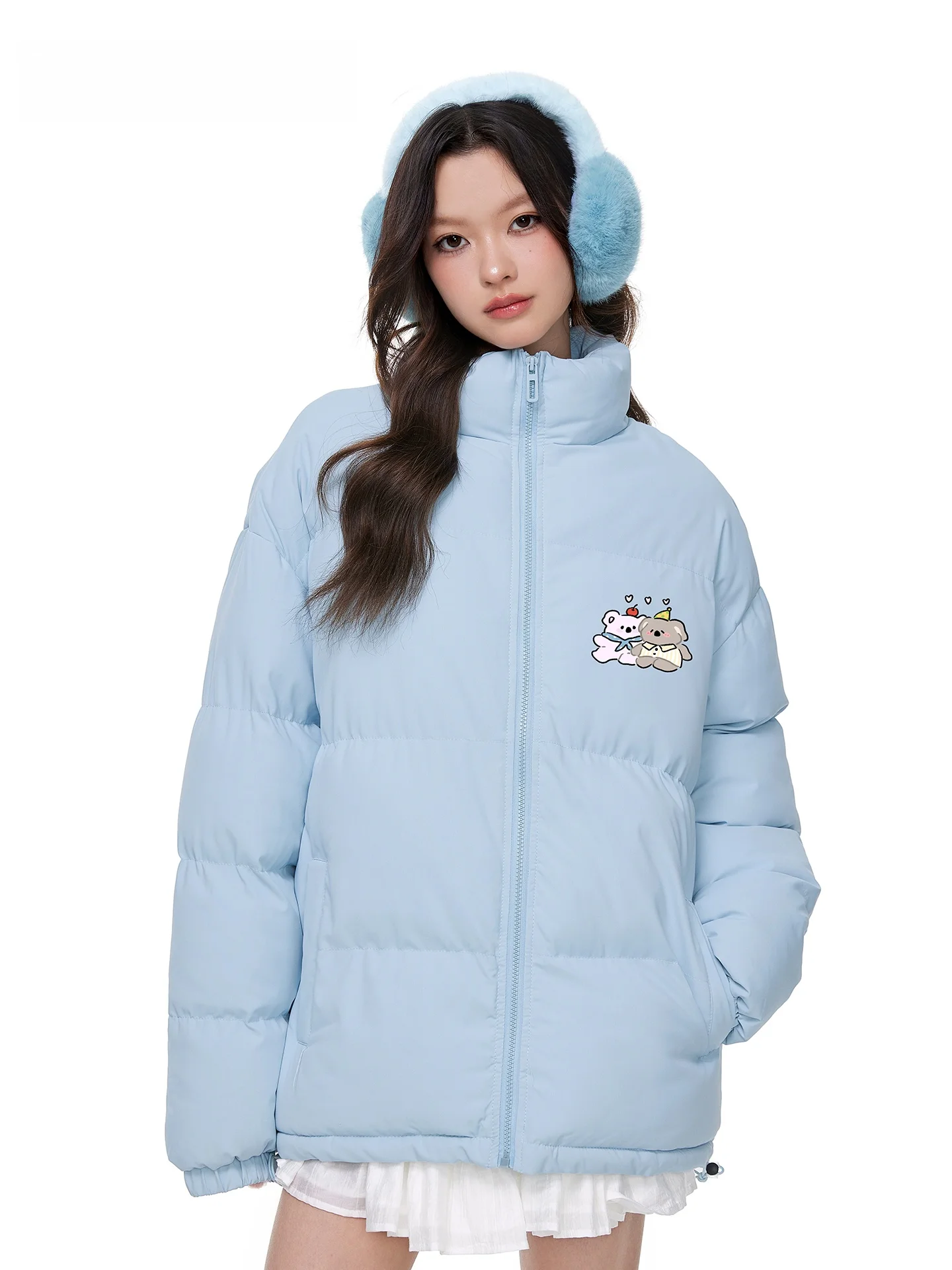 

Thiened Bread Sle Cotton Jaet Streetwear Hip Hop Loose Fit Windproof Warm Bear Collar Zipper Closure Long Sve Coat