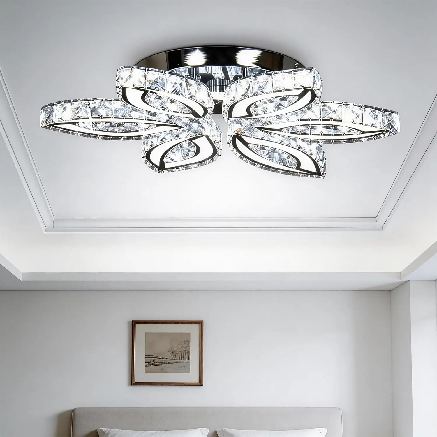 Modern Crystal Chandelier, Flower Led Chandelier with K9 Crystal Acrylic, Cool White 6500K, 20" x 20" x 3.1" for Living Room