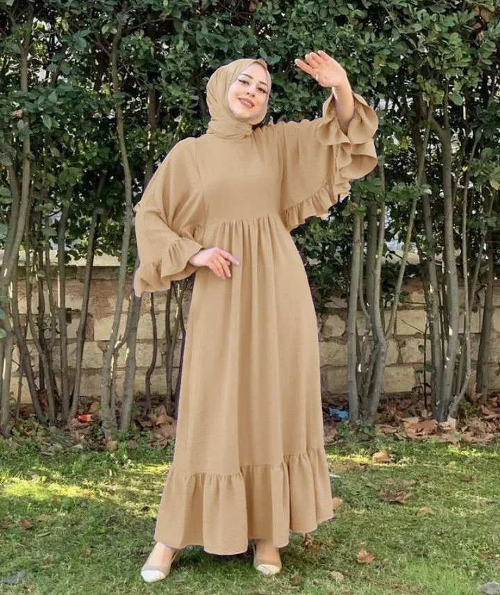 Muslim Fashion Robes Ruffled Patchwork Abaya Long Dresses Women Lace-up Dubai Abaya Casual Dress for Women Vestidos Elegantes