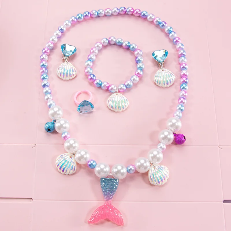 Girls Mermaid Shell Pearl Necklace Jewelry Pearl Necklace Bracelet Ring Ear Clips Shell Fish Tail Mermaid Pendant Jewelry Set view 4