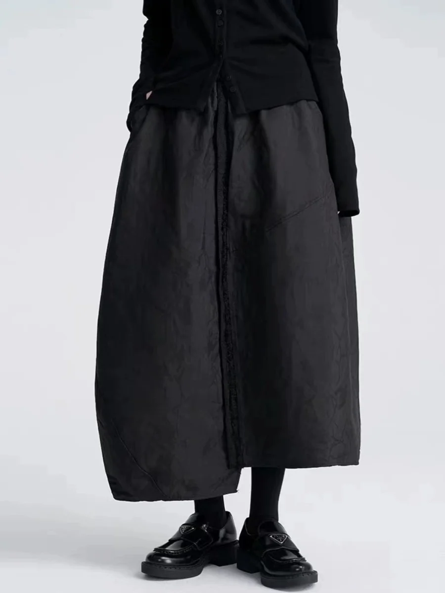 Thickened Black Pleated Skirt Texture Dark Pattern Half-length A-line Midi Skirt for Women Spring Autumn Season Fashionable