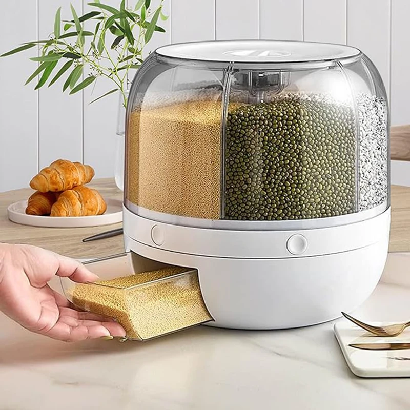 

360 Degree Rotating 6 Grid Grain Dispenser One Touch Output Rice Storage Container Sealing Moisture Proof Organizer
