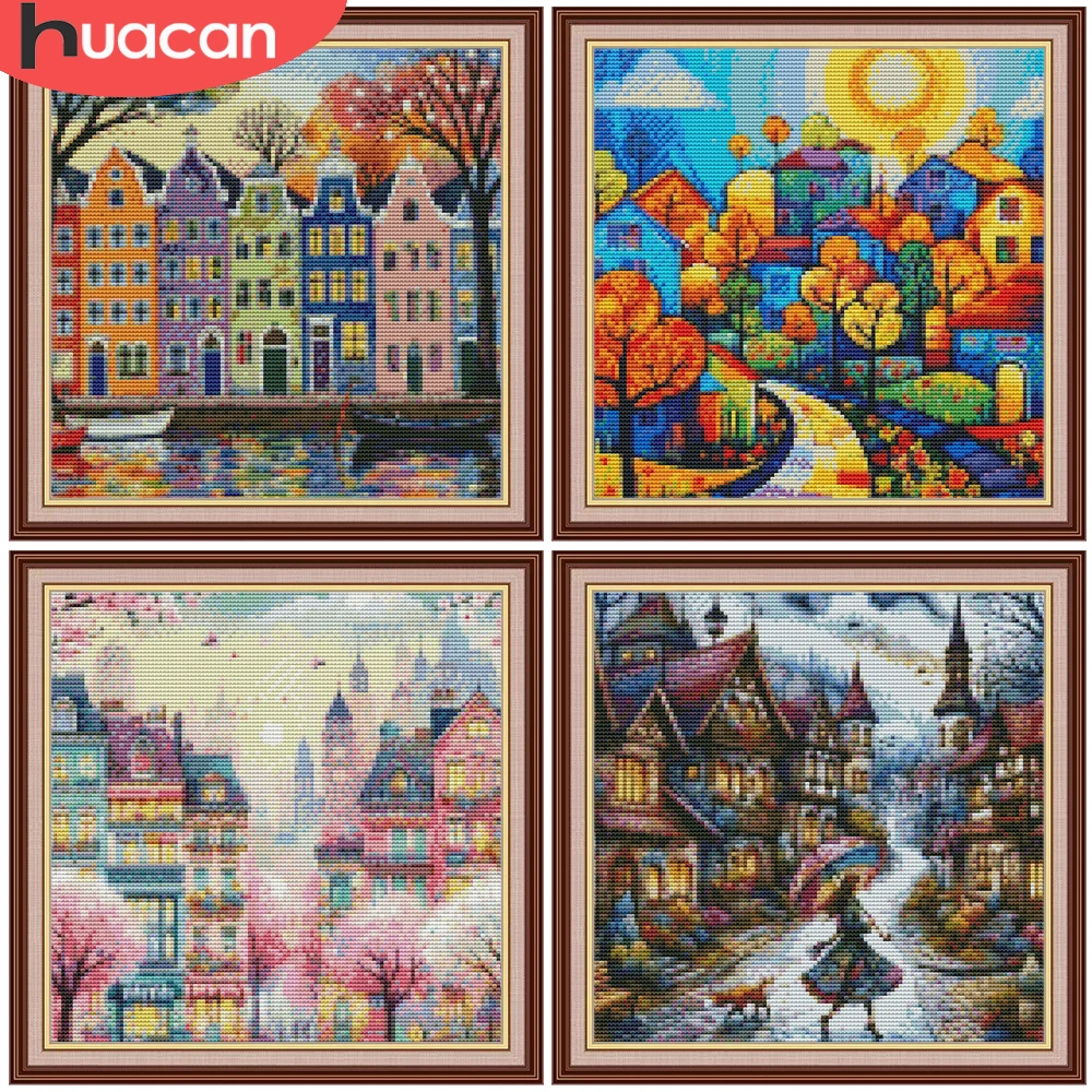 Kits de broderie HUACAN Point de croix Paysage urbain 11CT – Filaments pour adultes, artisanat, travaux d'aiguille, peintures décoratives