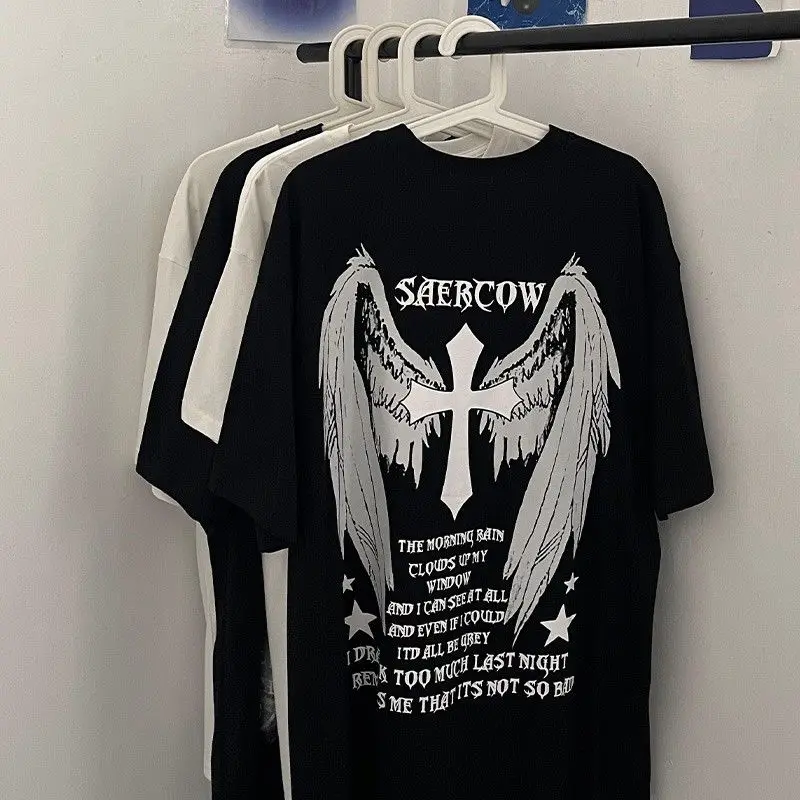 

Men Short Sleeved T-shirt Pure Cotton American Retro Cross Wing Letter Hong Kong Style Half Sleeve Y2k Top Summer clothing