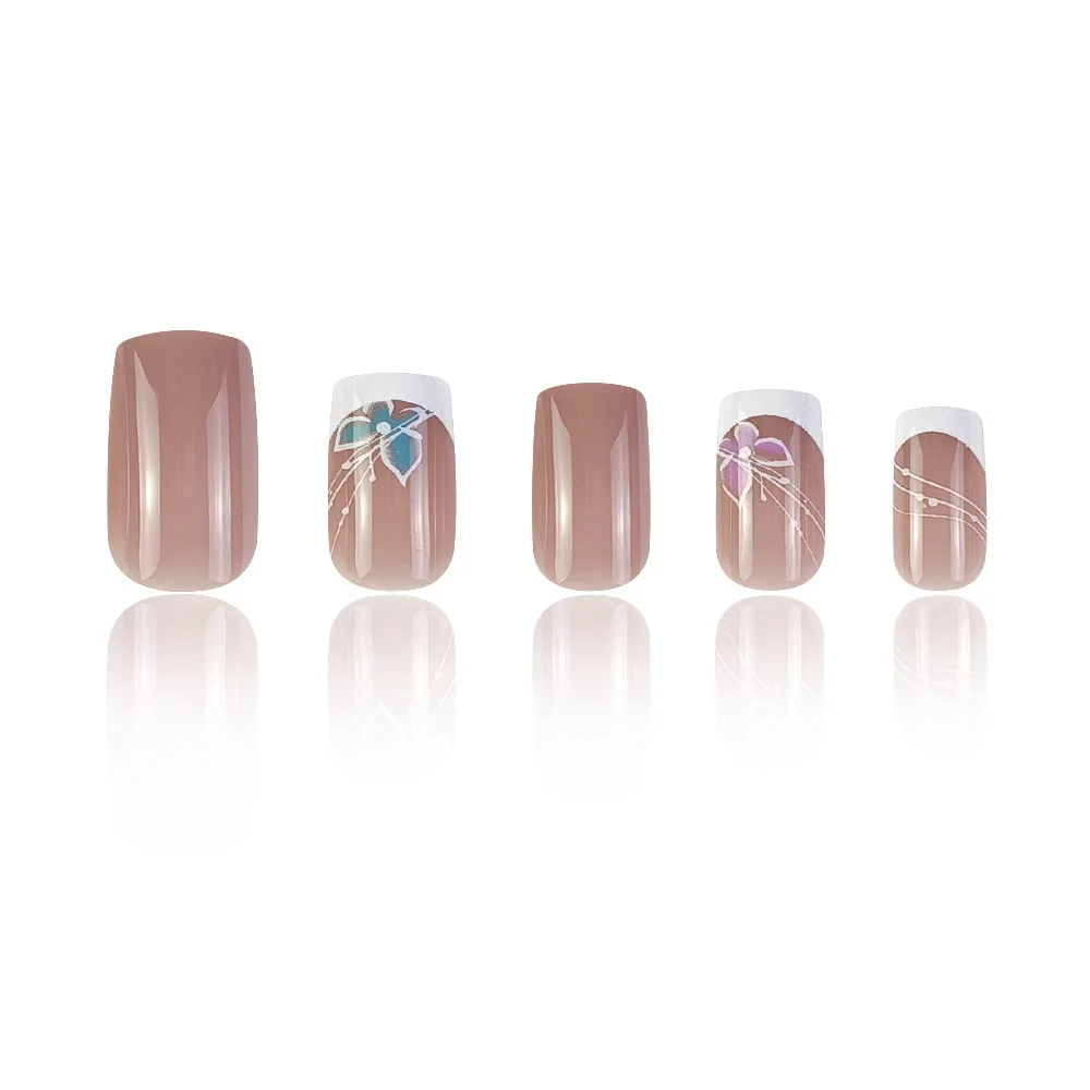 Full Cover Artificial Fake Nails French White Pink Fake Nail Short Square Butterfly False Nails Acrylic Reusable Nail 24Pcs/Set image 3