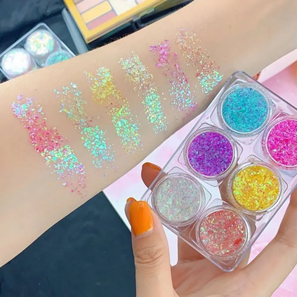 6Jars/Set Cute Colorful Eyeshadow Glitter Gel Face Hair Stage Body Nail Glitter Gel No Glue Required Heart Star Moon Sequins