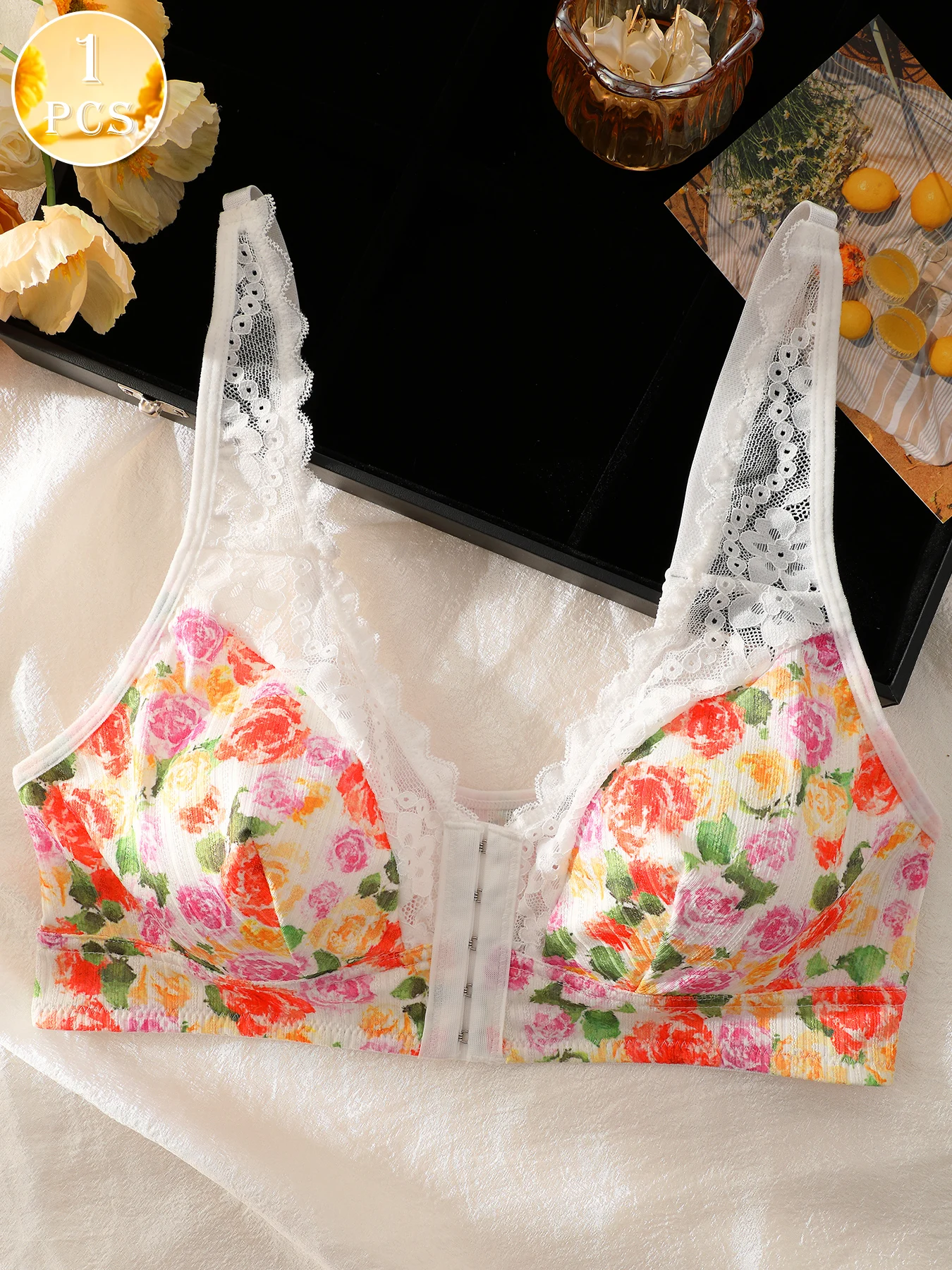 1pc Women's Floral Print Wireless Bra, Lace Trim Adjustable Straps Front Closure Comfort Bralette (S-XXL) image 4