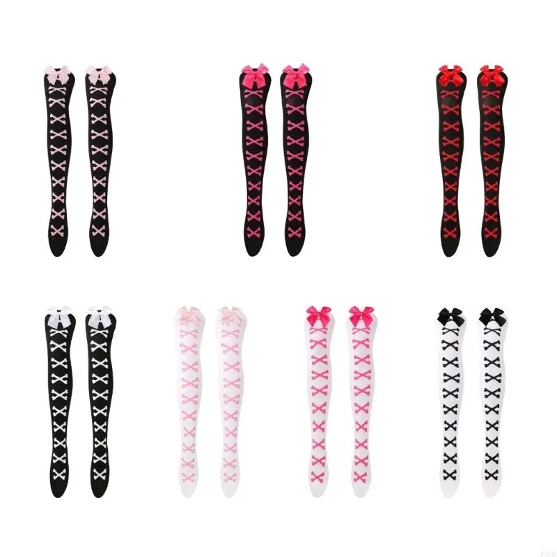 

P8DB Sweet Bows Stockings Knee Highs Socks Opaque Thigh High Stockings for Girl Woman