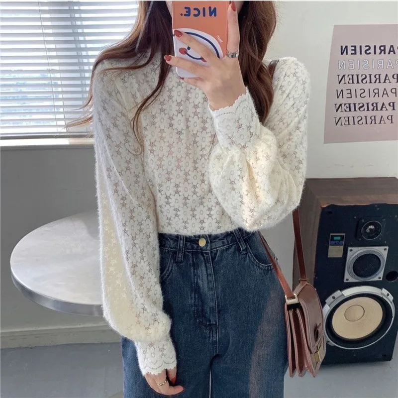 Women Spring Streetwear Knitted Sweater Hollow Lace Elegant Knitwear With Frayed Raw Hem Long Sleeve Ladies Solid Knitting Tops