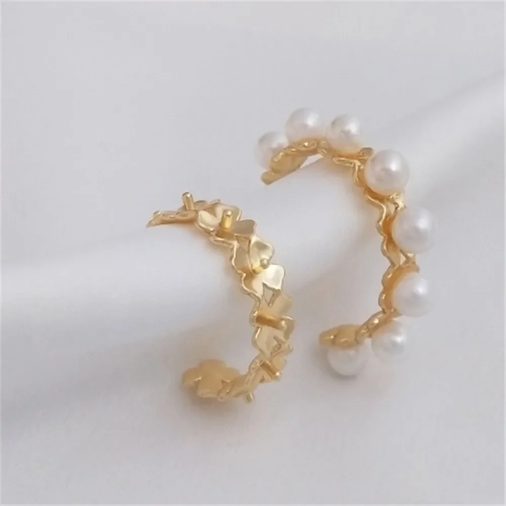 

14K Gold-Color C-shaped Garland Half-hole Pearl Holder Earrings 925 Silver Needle Handmade DIY Sticky Bead Ear Accessories E205