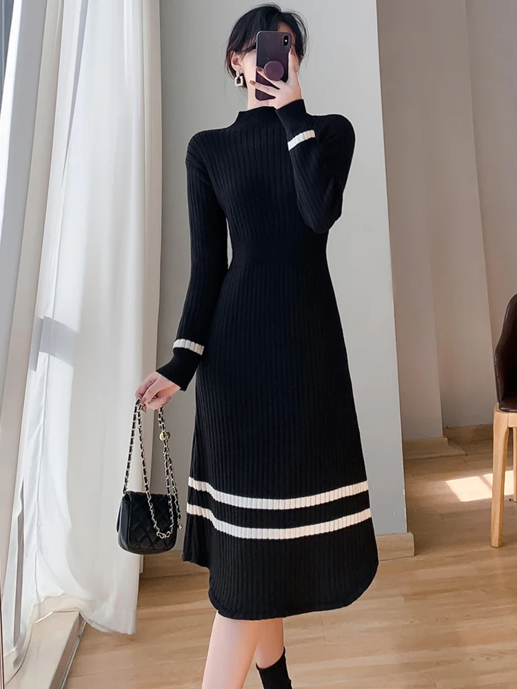 

Black Autumn Winter New Half High Collar Knit Dress Show Thin Slim Interio Sweater Skirt Long Thicken Bottoming Vintage Elegant