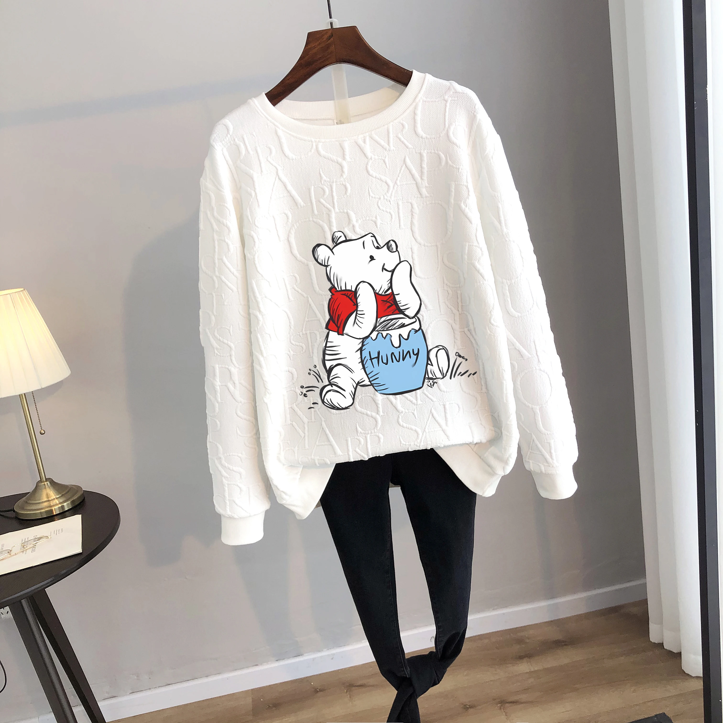 Disney 2024 Anime Cute Marie Winnie The Pooh Print Loose Sweatshirt Spring Autumn Cartoon Pullover Top Clothing