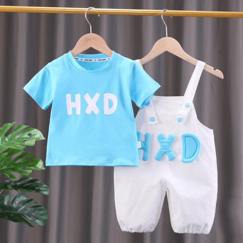 

Toddler Boy Summer Clothes 2022 Fashion Letter Printed O-neck T-shirts Tops + Overalls 2PCS Infant Girls Outfits Kids Tracksuits