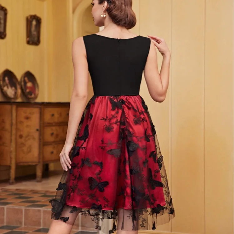 Sleeveless Butterfly Embroidery Temperament Evening Dress Patchwork Collision Red Dress