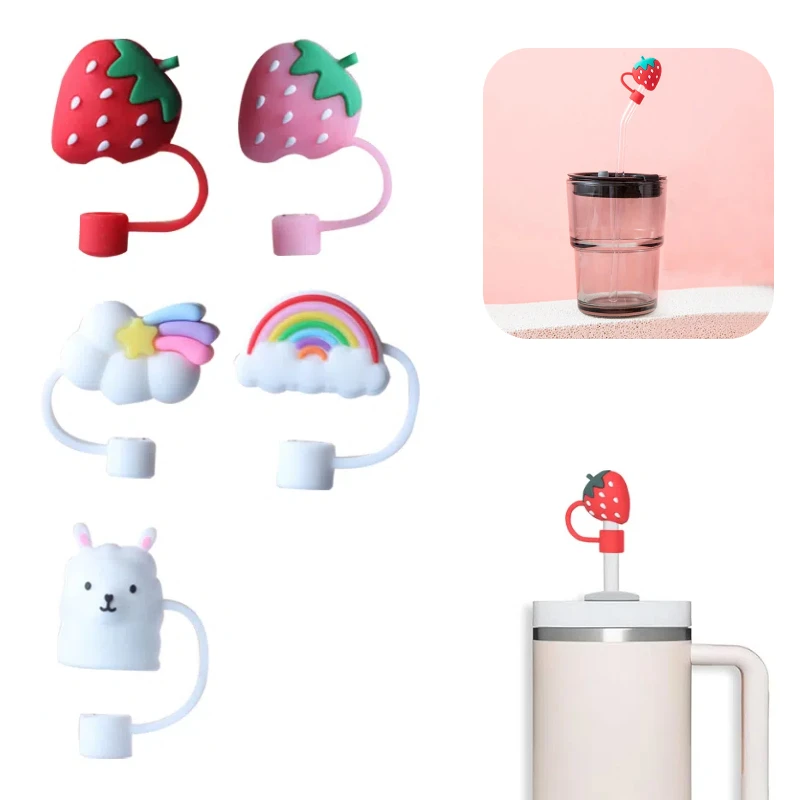 10mm Strawberry Unicorn Rainbow Shape Straw Covers Cap, Cute Silicone Straw Covers