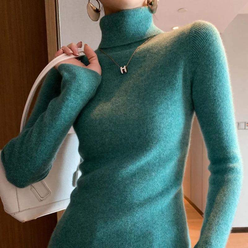 

Turtleneck Sweater for Women Autumn New Korean Long Sleeved Slim Fit Knitted Sweater Top Solid Color Inner Sweater Jumper 31232