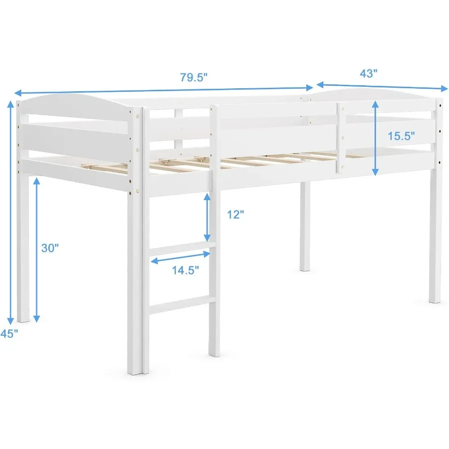 Twin Loft Bed for Room: Solid Wood, White, Low Profile with Guard Rail, Ladder Under-Bed Storage No Box Spring Needed